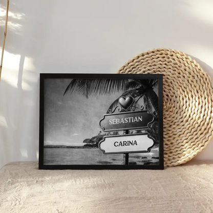 Personalisiertes Poster Liebe Wegweiser Schwarz Weiß Paradies mit Namen