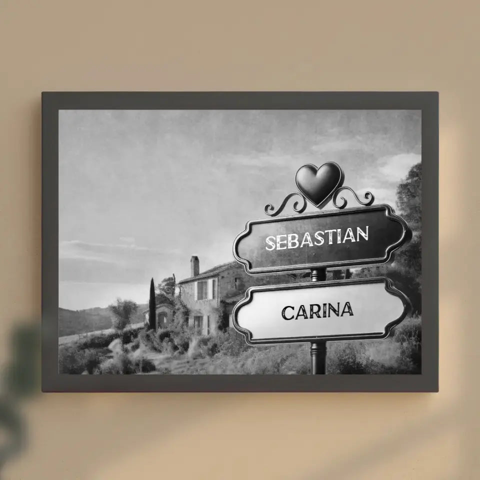 Poster personalisiert Wegweiser Schwarz Weiß Provence mit Namen