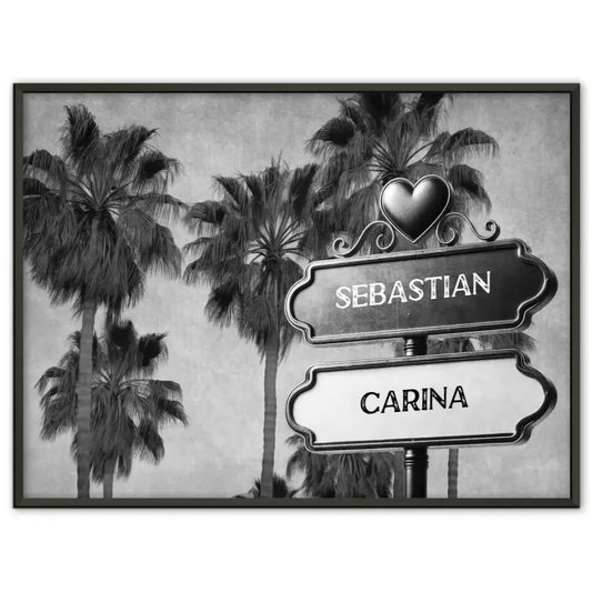 Personalisiertes Poster Paare Wegweiser Schwarz Weiß Palmen mit Namen