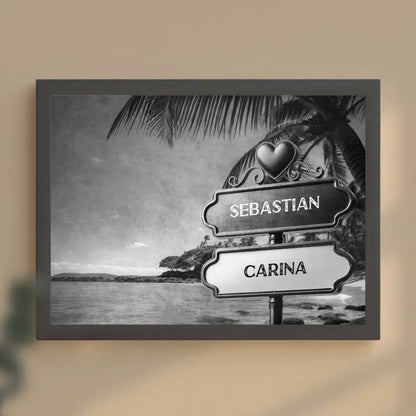 Personalisiertes Poster Liebe Wegweiser Schwarz Weiß Paradies mit Namen