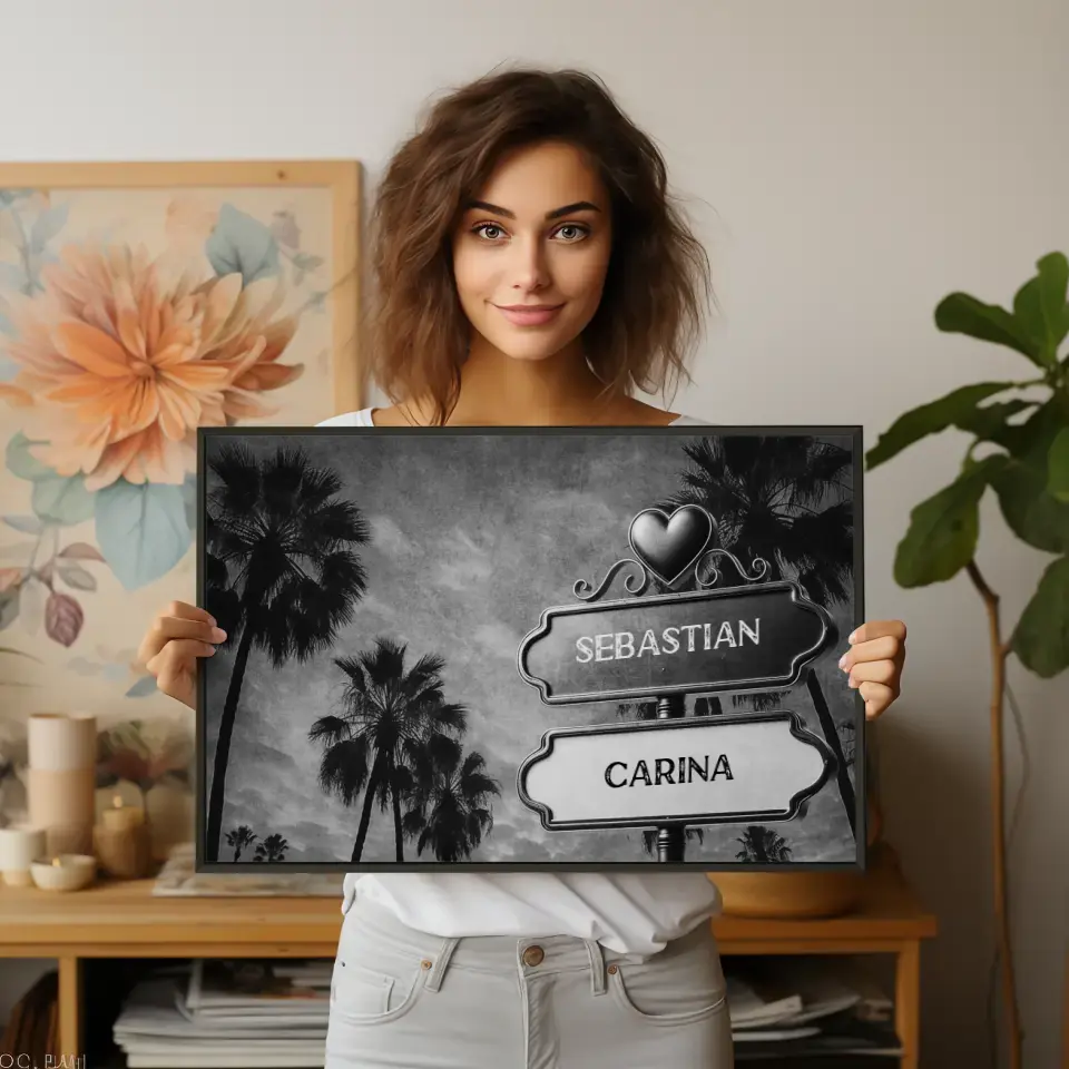 Poster personalisiert Wegweiser Schwarz Weiß Palmen Himmel mit Namen