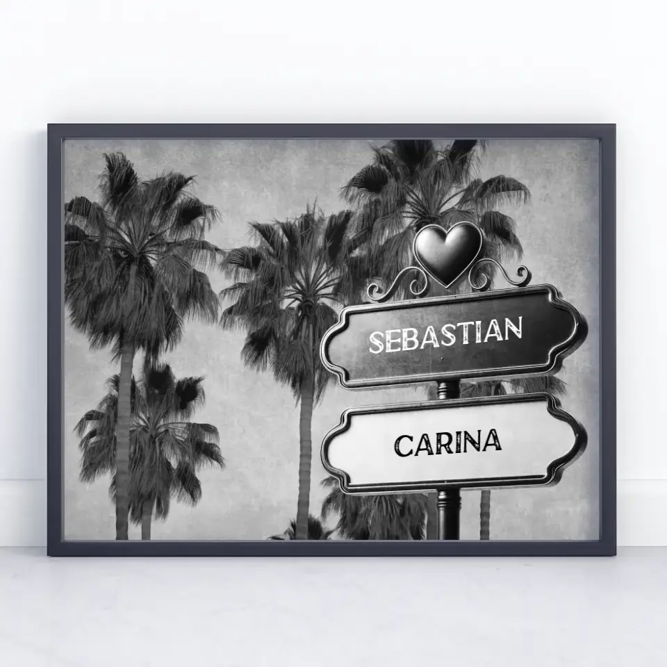 Personalisiertes Poster Paare Wegweiser Schwarz Weiß Palmen mit Namen