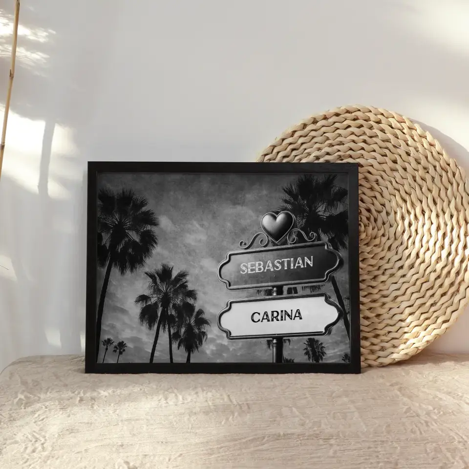 Poster personalisiert Wegweiser Schwarz Weiß Palmen Himmel mit Namen