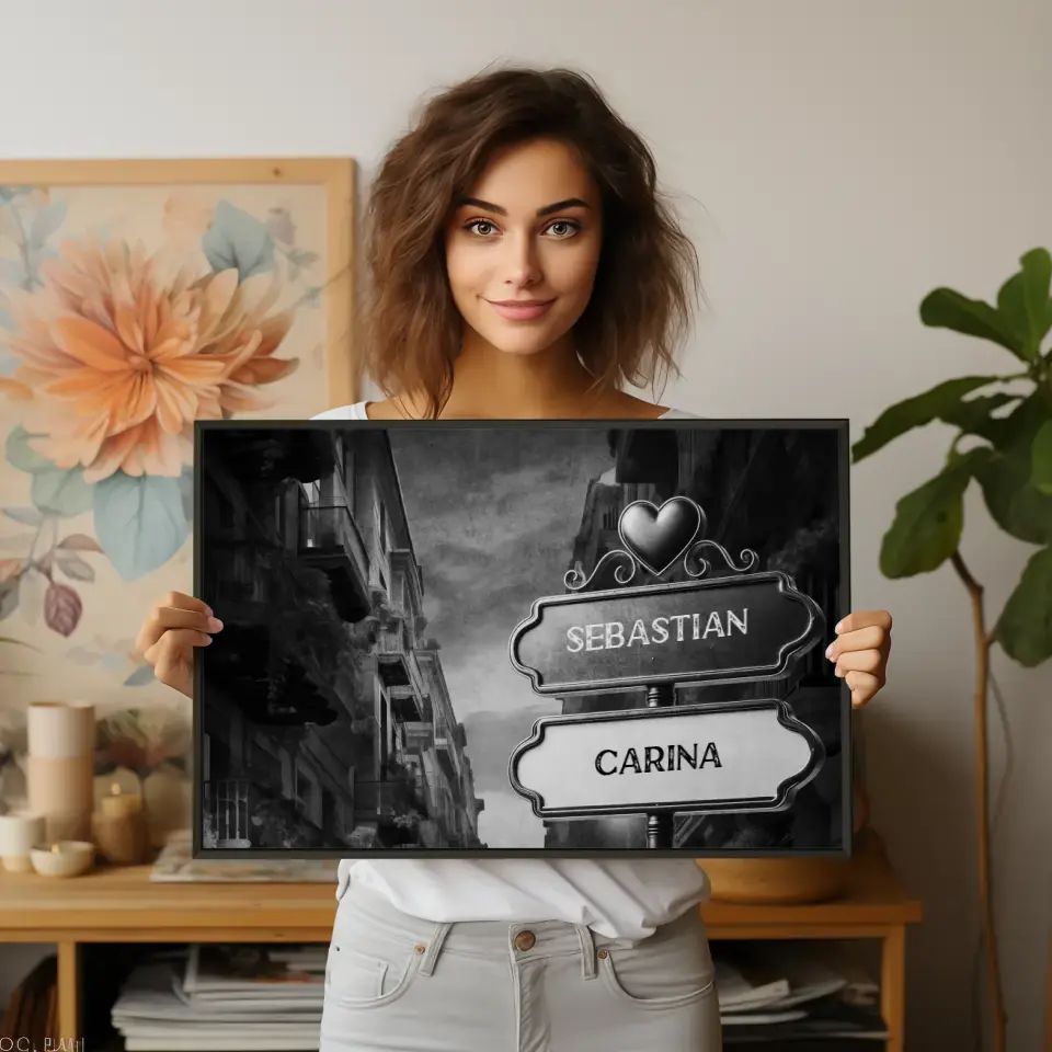 Liebes Poster Wegweiser Schwarz Weiß Stadt Himmel mit Namen