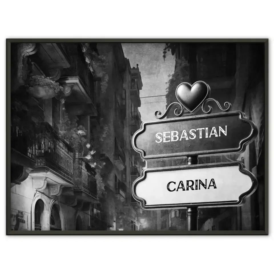 Personalisiertes Poster Liebe Wegweiser Schwarz Weiß Innenstadt mit Namen