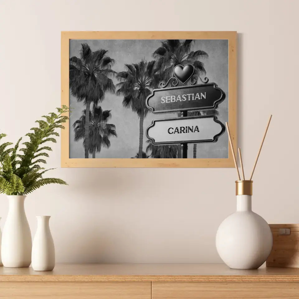 Personalisiertes Poster Paare Wegweiser Schwarz Weiß Palmen mit Namen