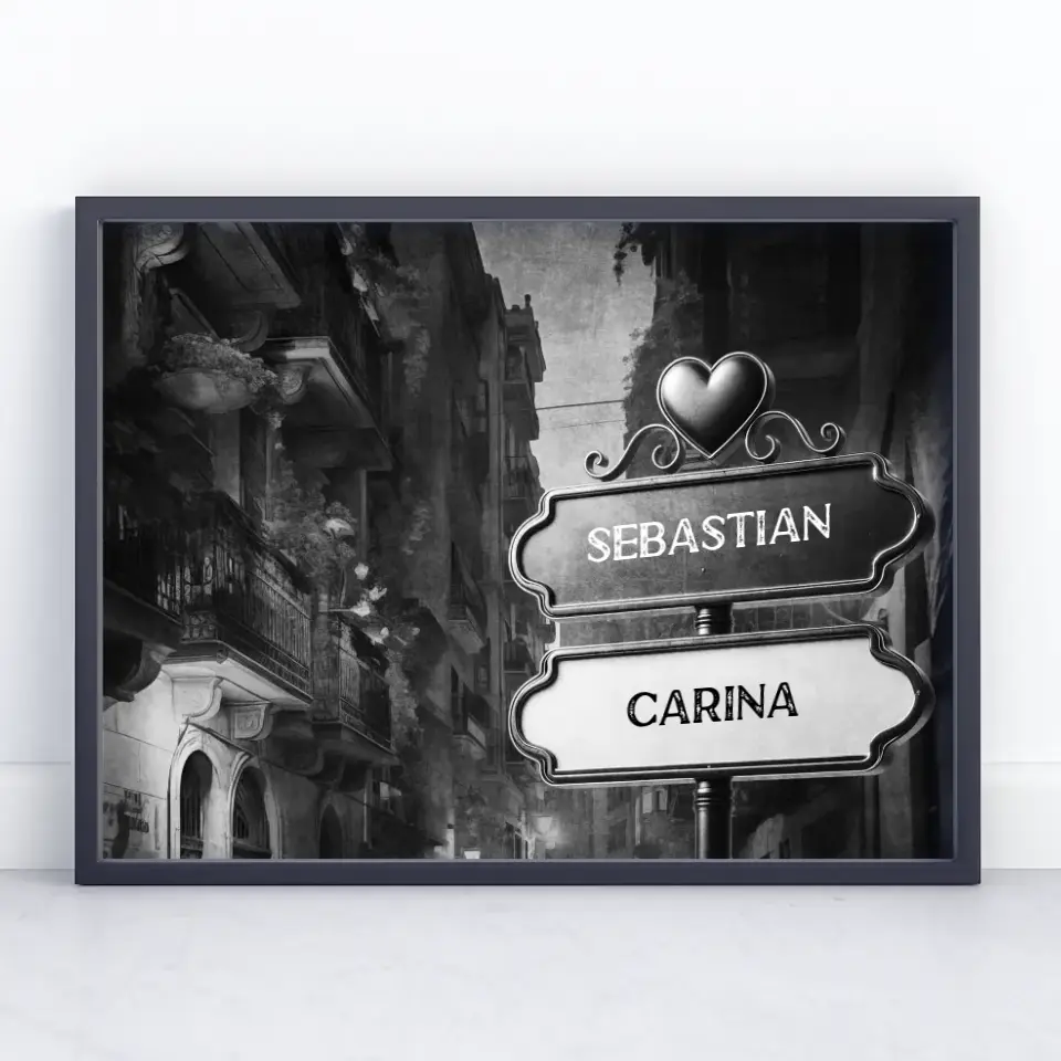 Personalisiertes Poster Liebe Wegweiser Schwarz Weiß Innenstadt mit Namen