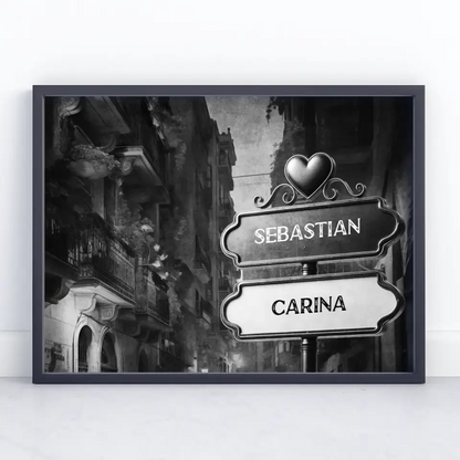 Personalisiertes Poster Liebe Wegweiser Schwarz Weiß Innenstadt mit Namen