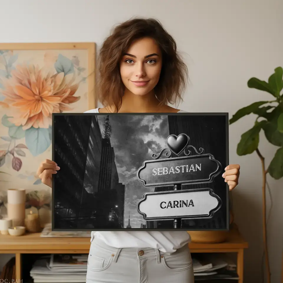 Poster personalisiert Wegweiser Schwarz Weiß Hochhäuser mit Namen