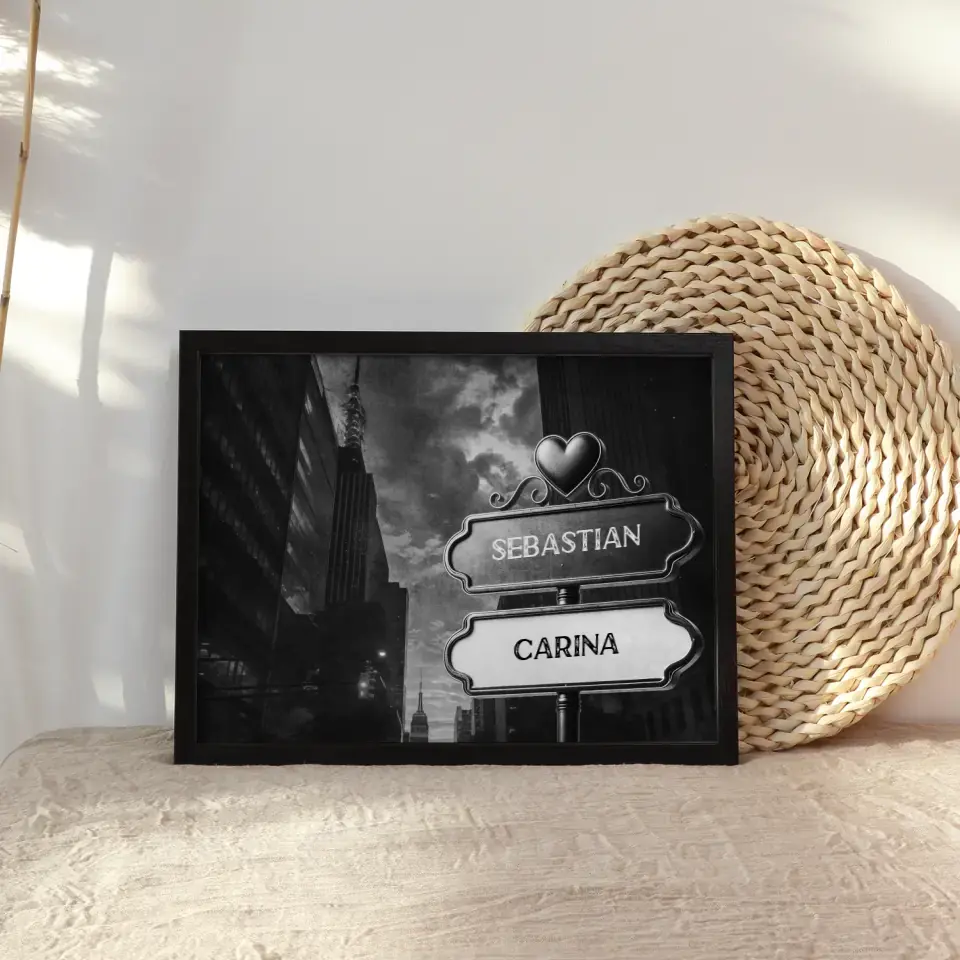 Poster personalisiert Wegweiser Schwarz Weiß Hochhäuser mit Namen