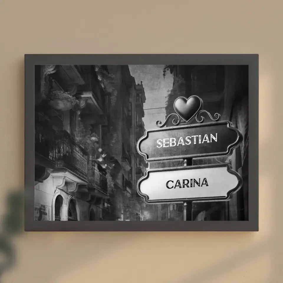 Personalisiertes Poster Liebe Wegweiser Schwarz Weiß Innenstadt mit Namen