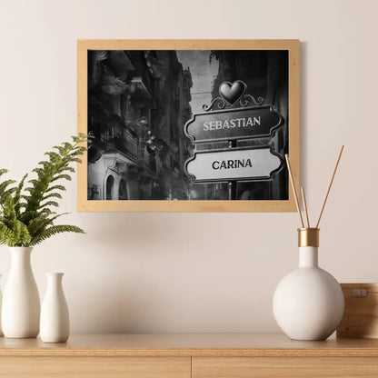 Personalisiertes Poster Liebe Wegweiser Schwarz Weiß Innenstadt mit Namen