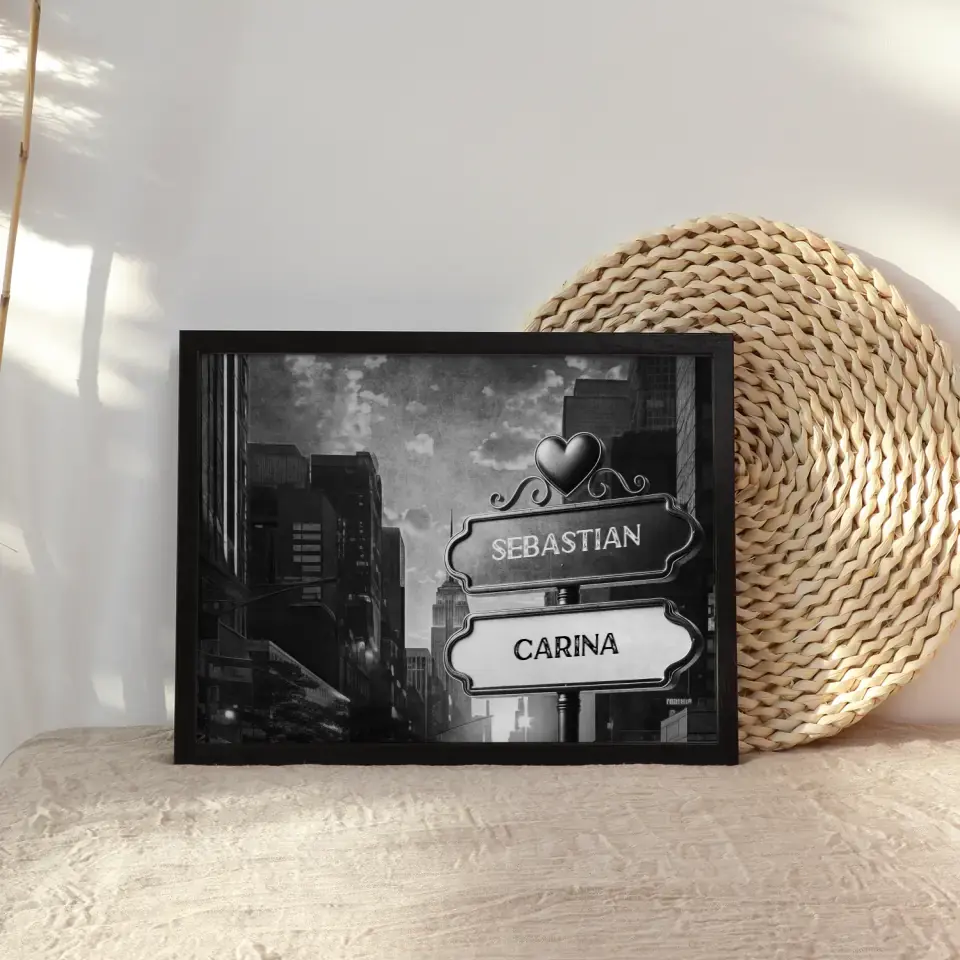 Personalisiertes Poster Wegweiser Schwarz Weiß Sonnenuntergang Stadt mit Namen