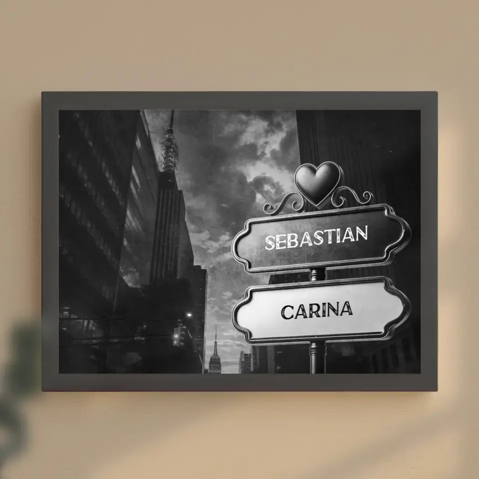 Poster personalisiert Wegweiser Schwarz Weiß Hochhäuser mit Namen