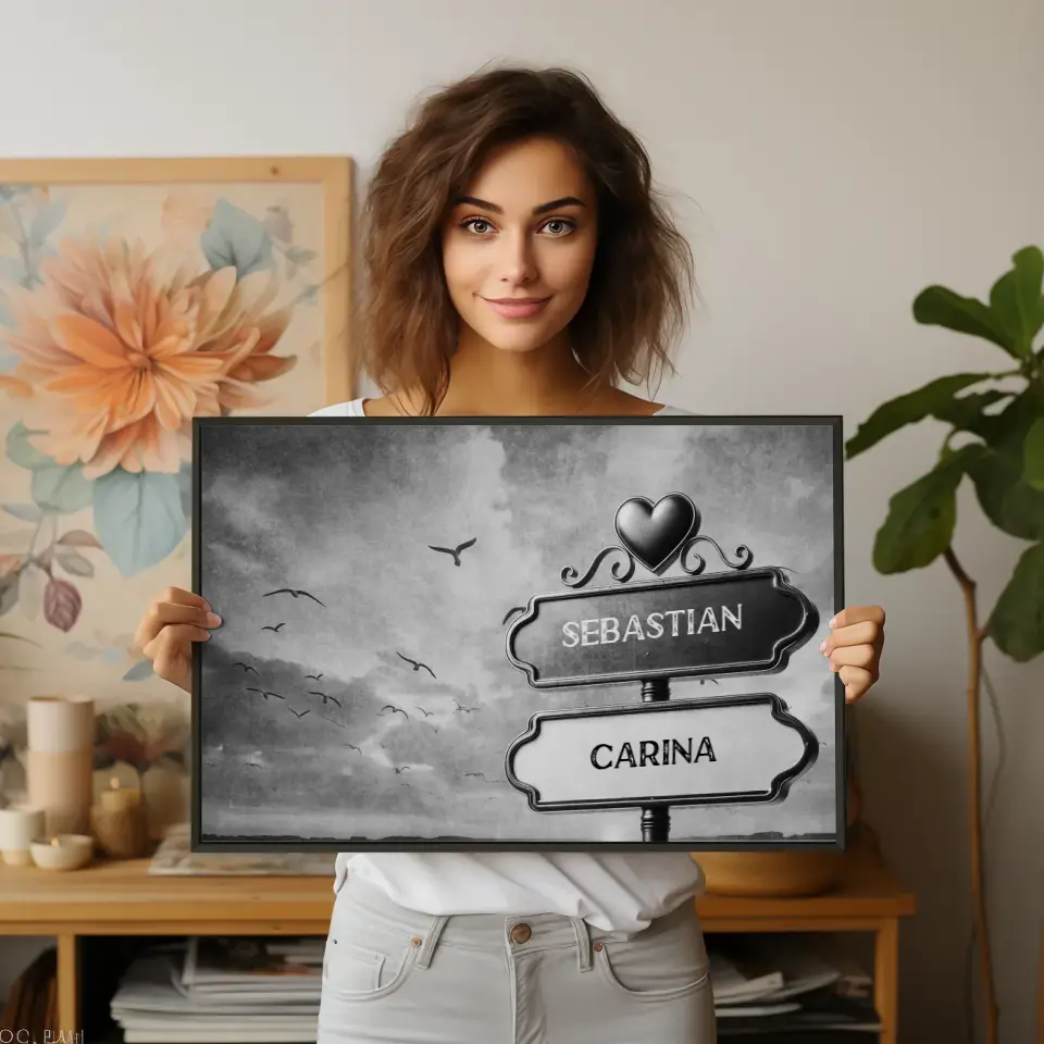 Liebes Poster Wegweiser Schwarz Weiß Strand Sonnenuntergang Vögel mit Namen