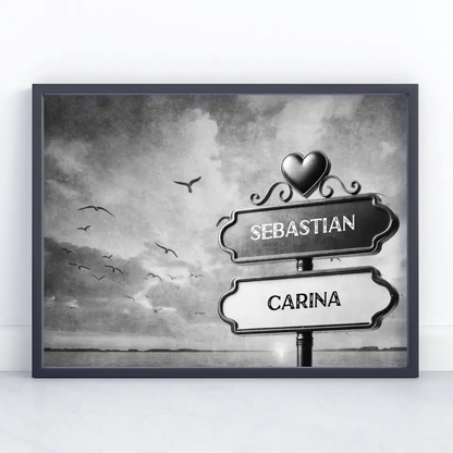 Liebes Poster Wegweiser Schwarz Weiß Strand Sonnenuntergang Vögel mit Namen