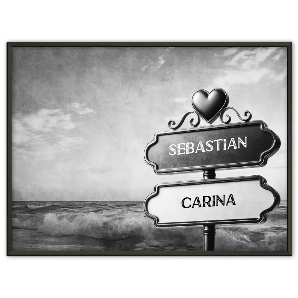 Personalisiertes Poster Paare Wegweiser Schwarz Weiß Wellen mit Namen