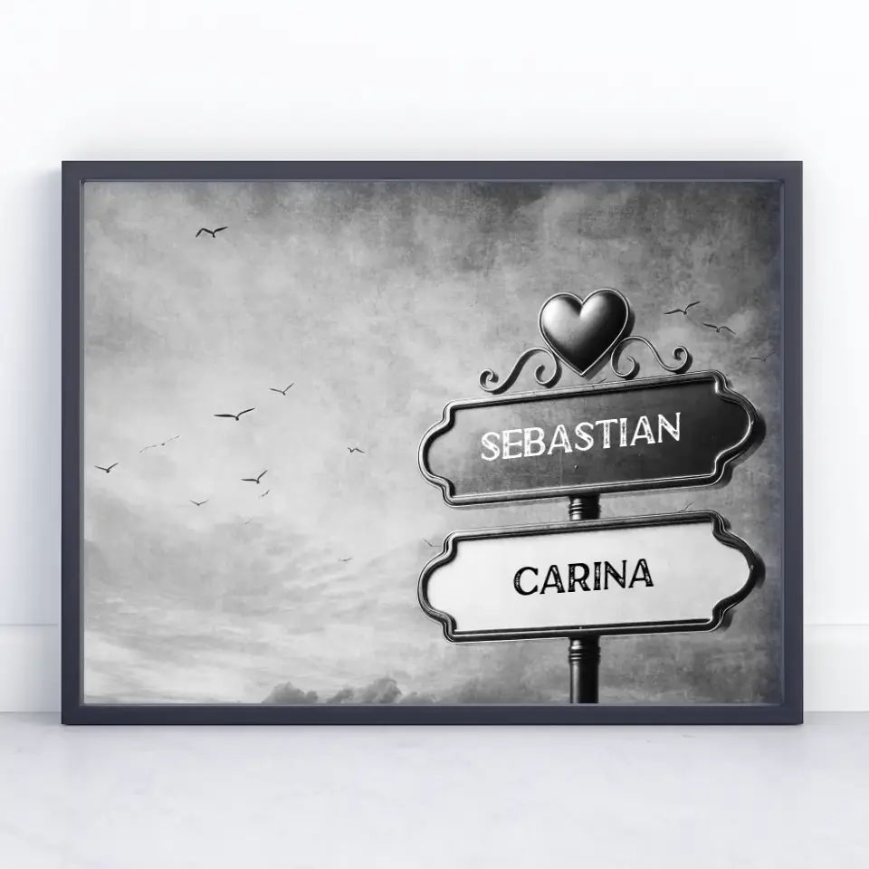 Personalisiertes Poster Wegweiser Schwarz Weiß Vögel bewölkt mit Namen