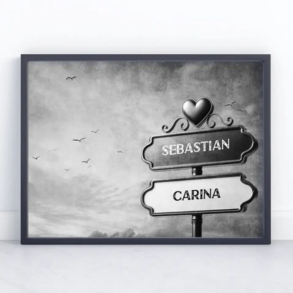 Personalisiertes Poster Wegweiser Schwarz Weiß Vögel bewölkt mit Namen