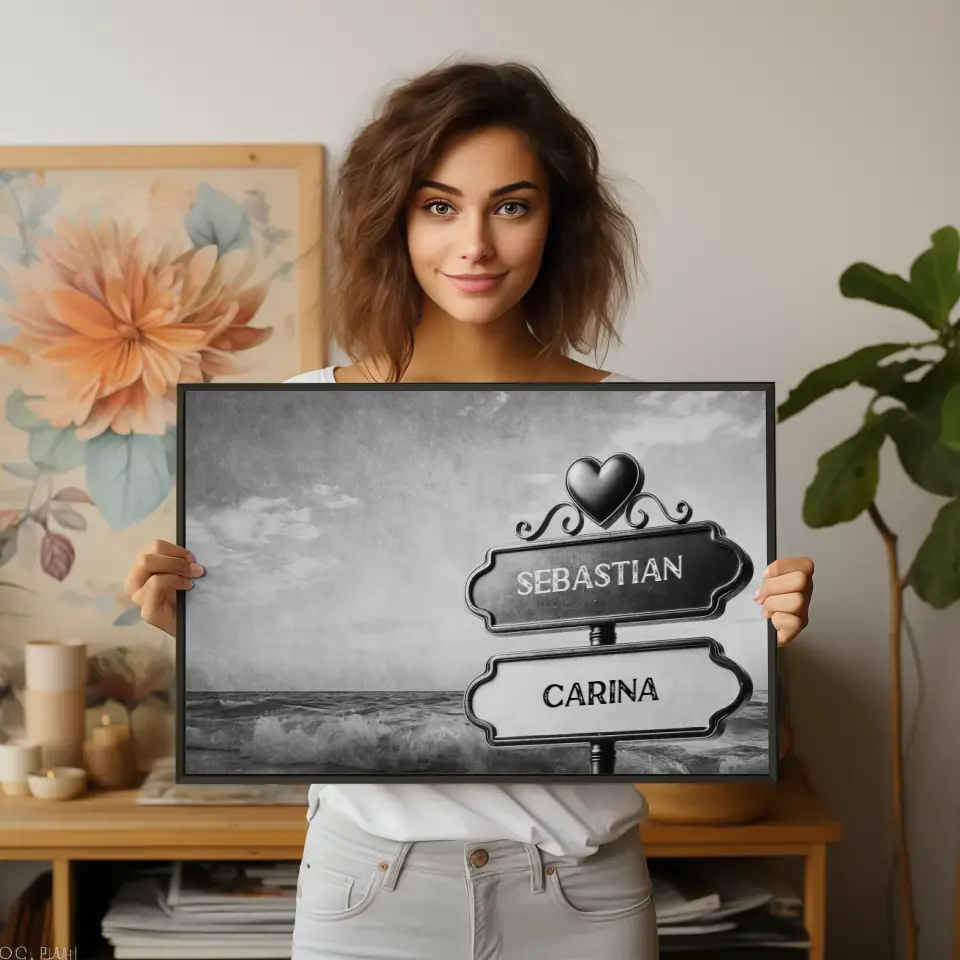 Personalisiertes Poster Paare Wegweiser Schwarz Weiß Wellen mit Namen