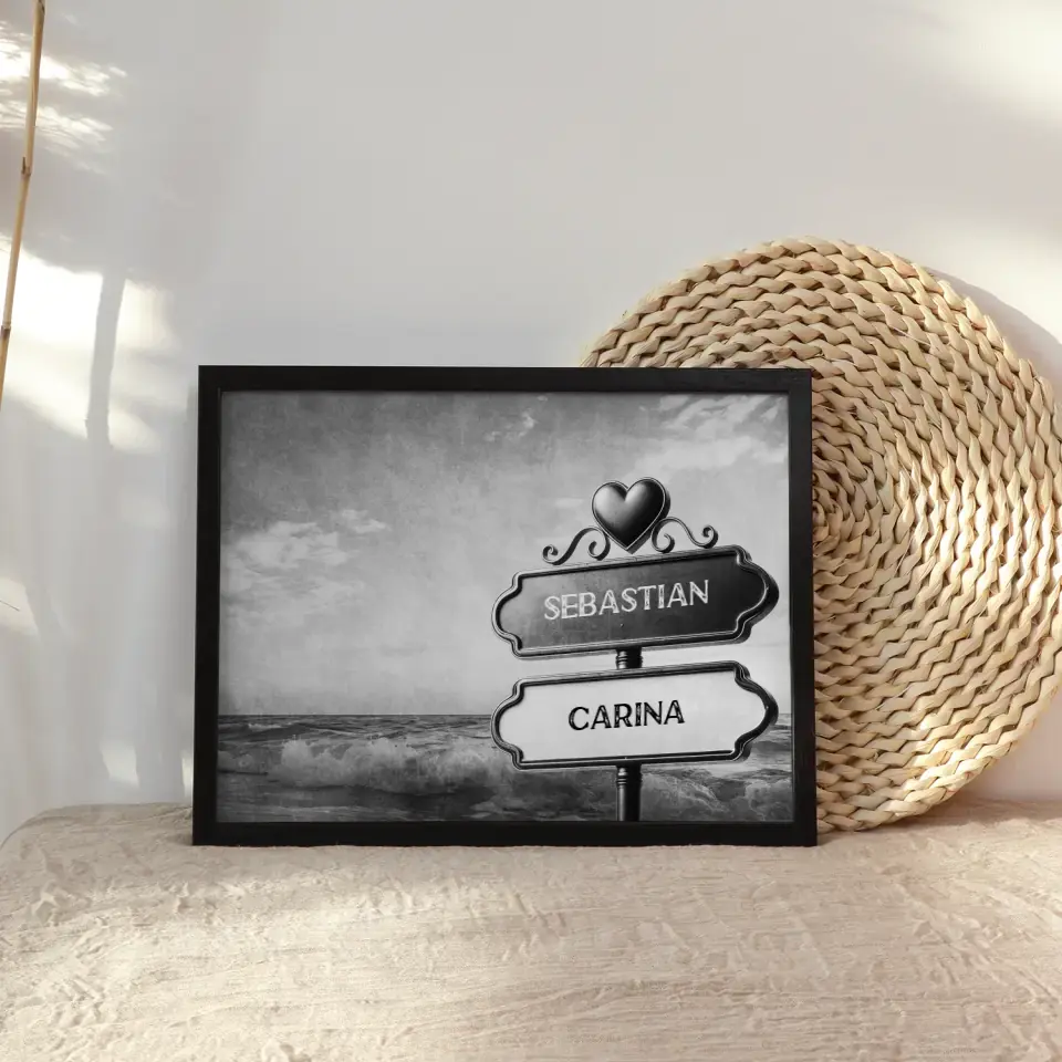 Personalisiertes Poster Paare Wegweiser Schwarz Weiß Wellen mit Namen