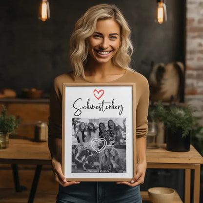Personalisiertes Fotoposter Schwester Schwesterherz 4 Foto Schwarz Weiß Effekt