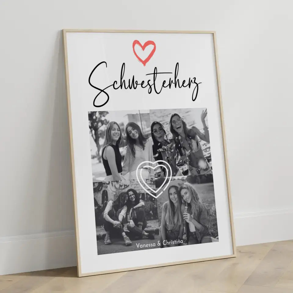 Personalisiertes Fotoposter Schwester Schwesterherz 4 Foto Schwarz Weiß Effekt