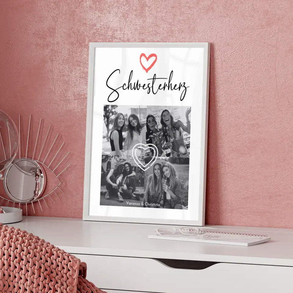Personalisiertes Fotoposter Schwester Schwesterherz 4 Foto Schwarz Weiß Effekt