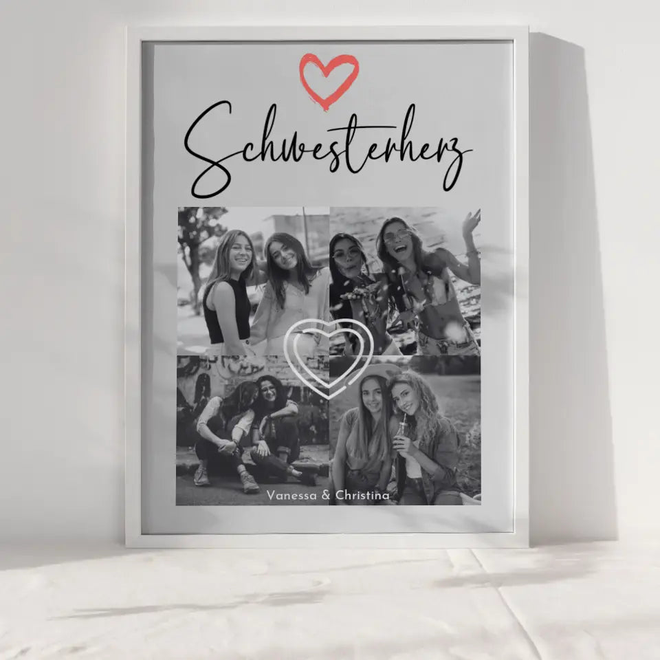 Personalisiertes Fotoposter Schwester Schwesterherz 4 Foto Schwarz Weiß Effekt