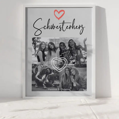 Personalisiertes Fotoposter Schwester Schwesterherz 4 Foto Schwarz Weiß Effekt