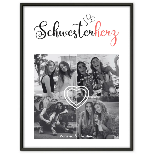 Personalisiertes Fotoposter Schwester Schwesterherz Black & White mit 4 Fotos