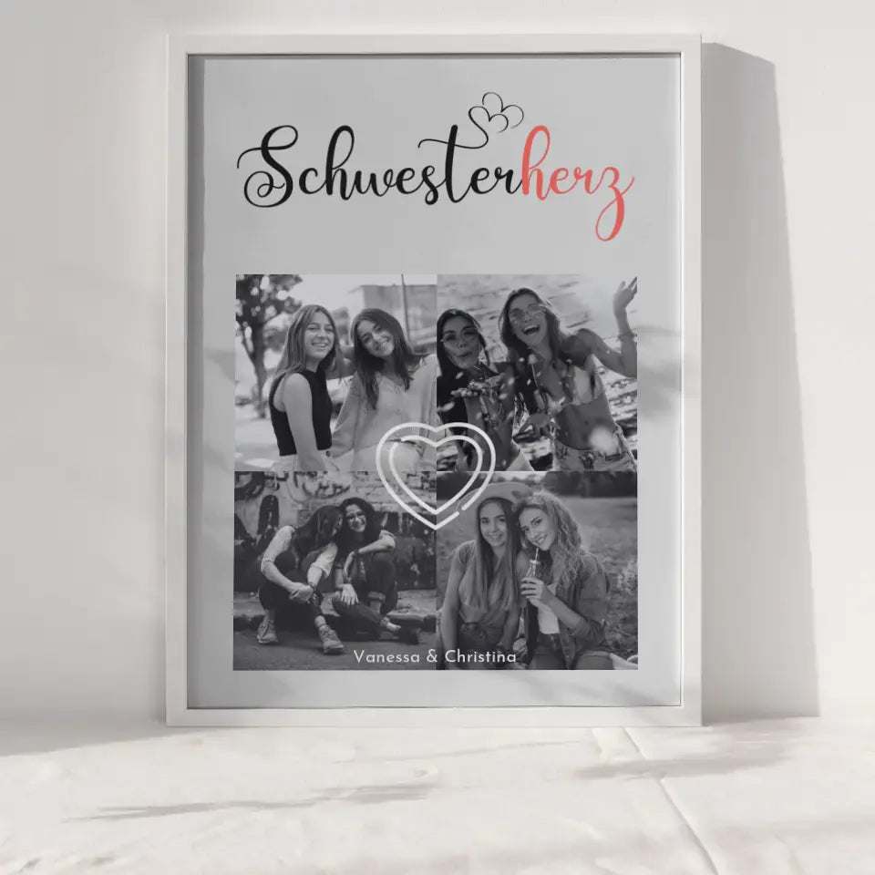 Personalisiertes Fotoposter Schwester Schwesterherz Black & White mit 4 Fotos