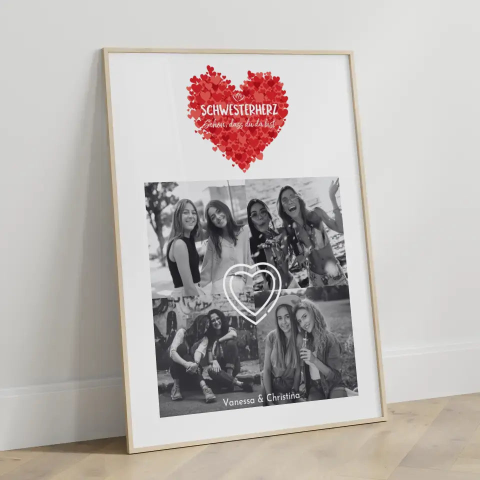 Personalisiertes Fotoposter Schwester Schwesterherz Schön dass du da bist 4 Foto Schwarz Weiß Effekt