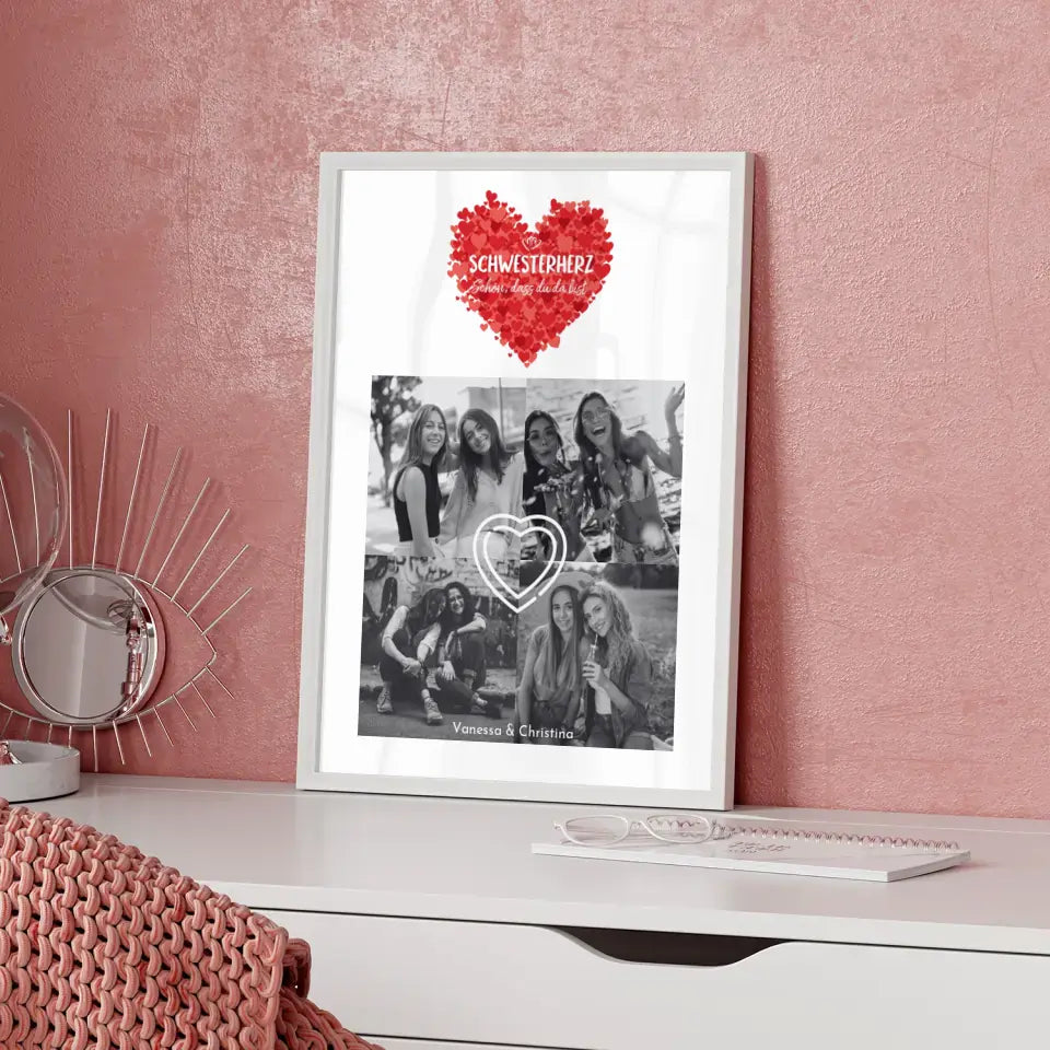 Personalisiertes Fotoposter Schwester Schwesterherz Schön dass du da bist 4 Foto Schwarz Weiß Effekt