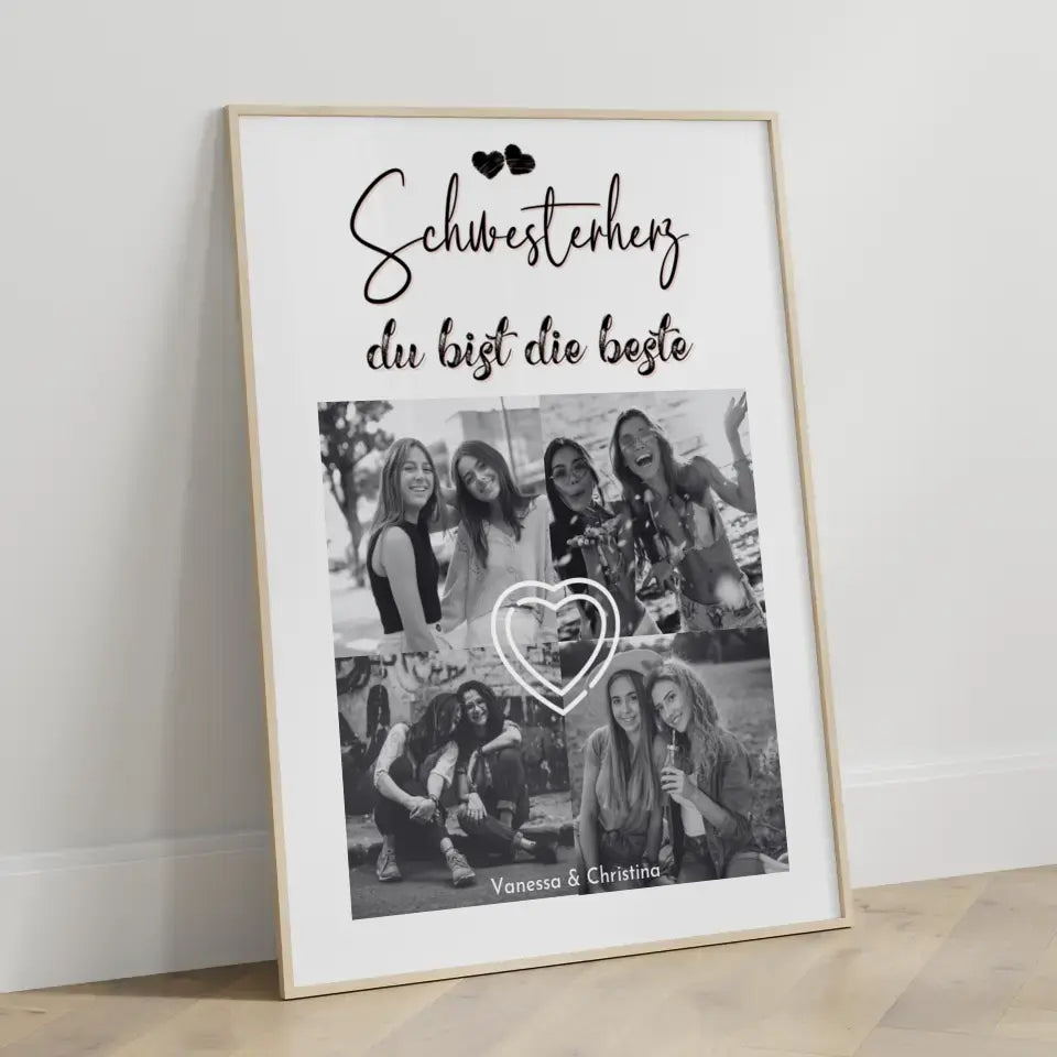 Personalisiertes Poster Schwester Schwesterherz Du bist die beste 4 Fotos Black & White