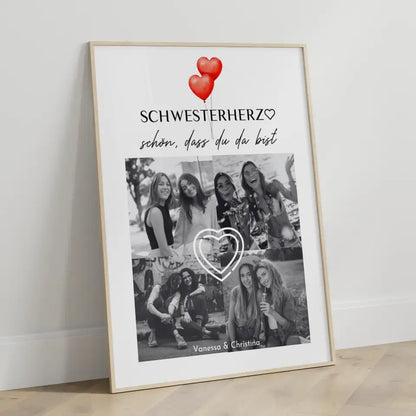 Poster Schwester Schwesterherz Schön dass du da bist mit 4 Schwarz Weiß Fotos