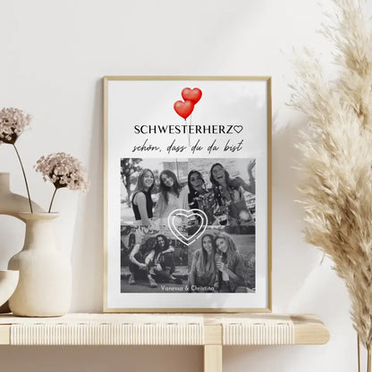 Poster Schwester Schwesterherz Schön dass du da bist mit 4 Schwarz Weiß Fotos