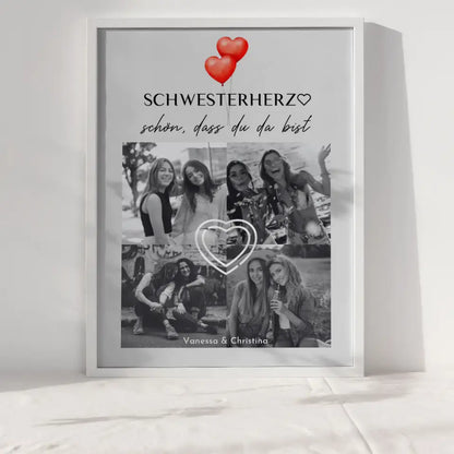 Poster Schwester Schwesterherz Schön dass du da bist mit 4 Schwarz Weiß Fotos