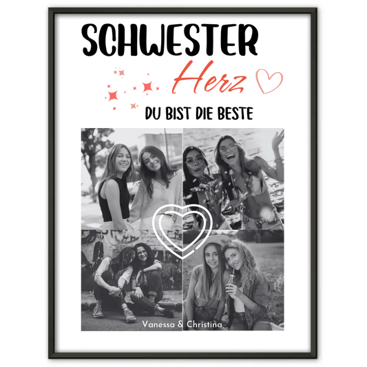 Personalisiertes Fotoposter Schwester Schwesterherz Du bist die beste Black & White mit 4 Fotos