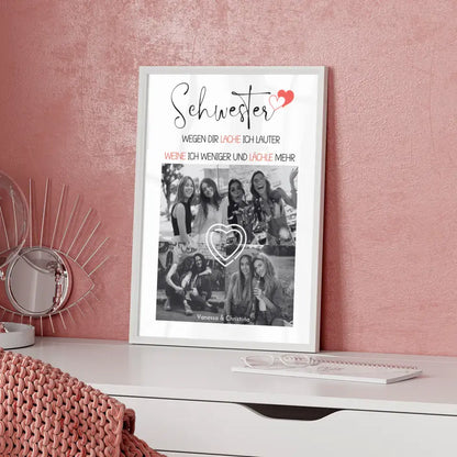 Poster Schwester Schwester wegen dir lache ich mit 4 Schwarz Weiß Fotos