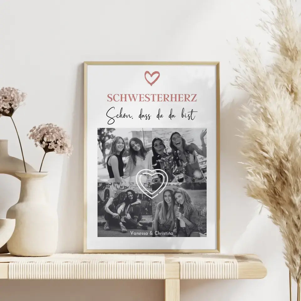 Poster Schwester Personalisiert Schwesterherz Schön dass du da bist Fotocollage 4 Fotos