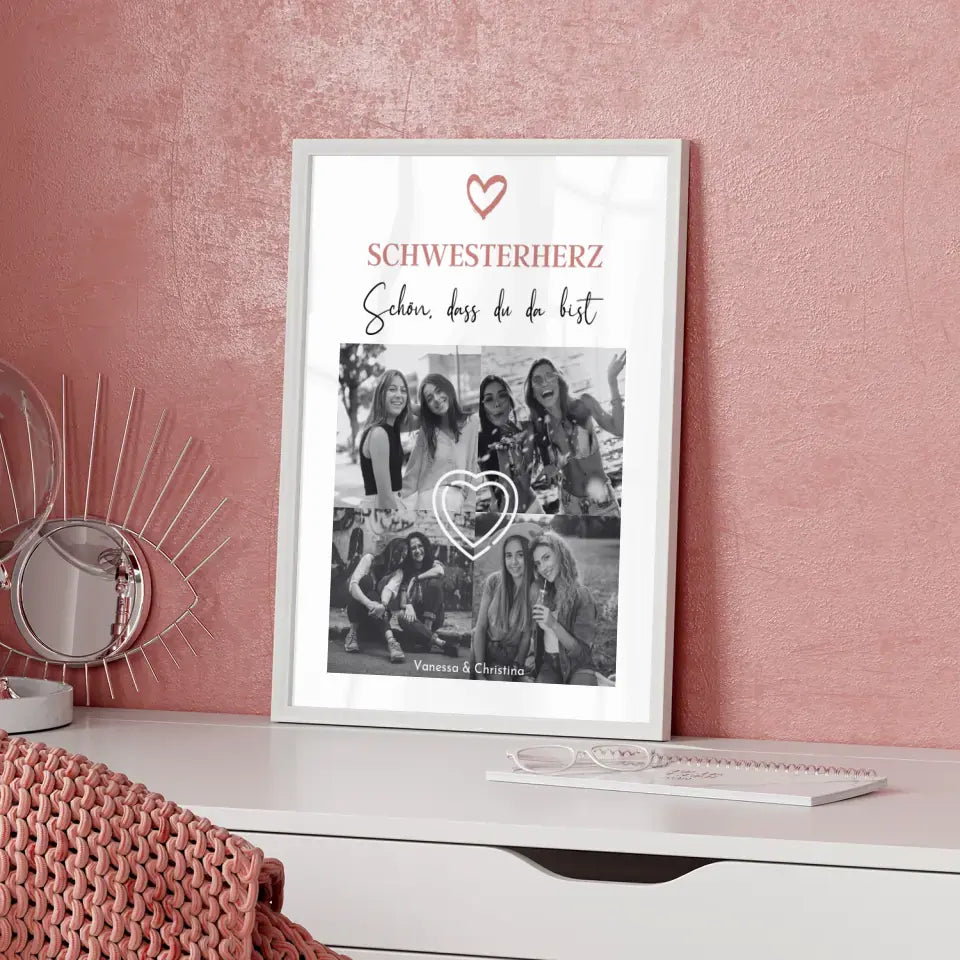 Poster Schwester Personalisiert Schwesterherz Schön dass du da bist Fotocollage 4 Fotos