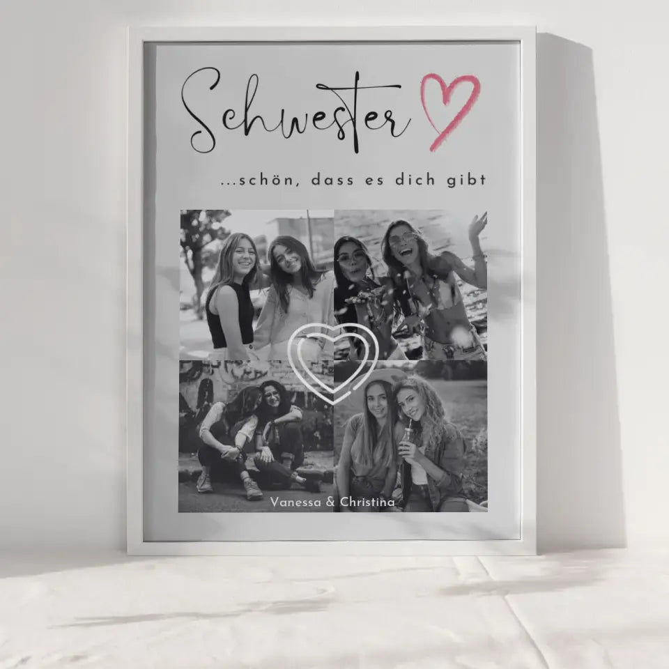 Schwester Poster Personalisiert Schwesterherz Schön dass du da bist Fotocollage mit 4 Fotos