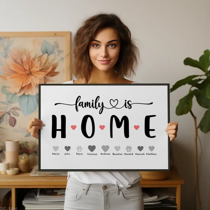 Familienposter mit Namen Family is home Bis zu 20 Namen