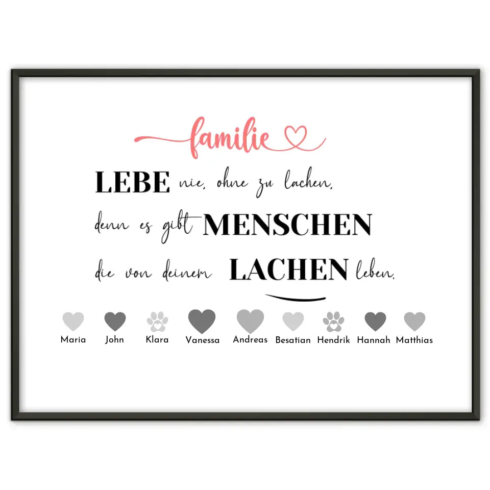 Personalisiertes Familienposter Lebe nie ohne zu lachen Bis zu 20 Namen