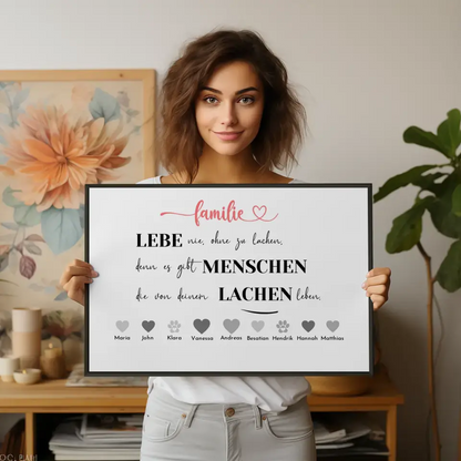 Personalisiertes Familienposter Lebe nie ohne zu lachen Bis zu 20 Namen