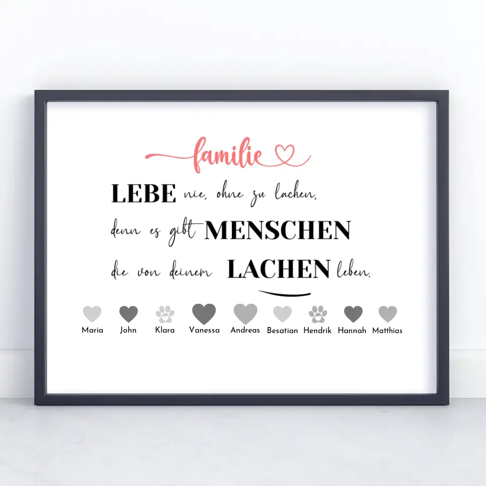 Personalisiertes Familienposter Lebe nie ohne zu lachen Bis zu 20 Namen