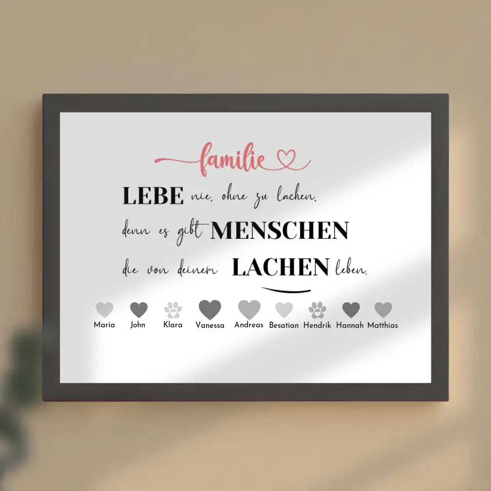 Personalisiertes Familienposter Lebe nie ohne zu lachen Bis zu 20 Namen