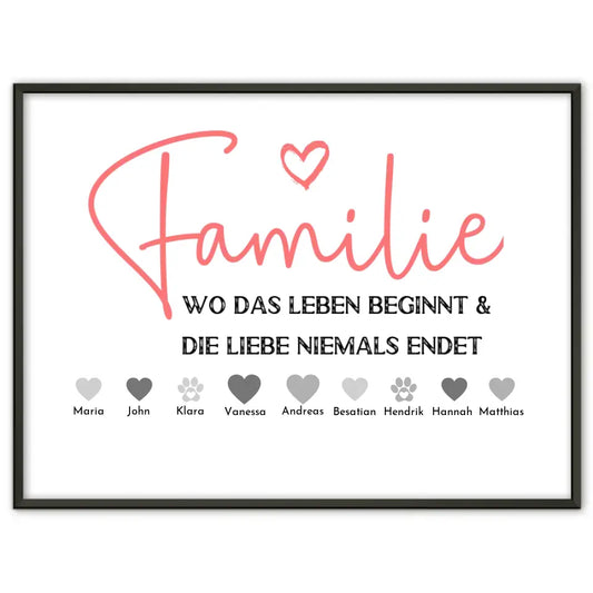 Personalisiertes Poster Familie mit Namen Familie ist wo Leben beginnt Bis zu 20 Namen