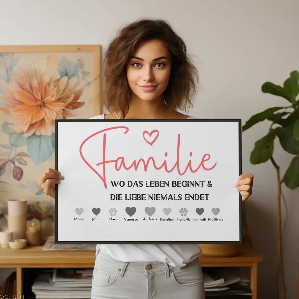 Personalisiertes Poster Familie mit Namen Familie ist wo Leben beginnt Bis zu 20 Namen